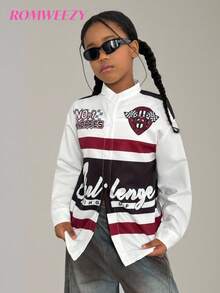 Tween 女童休闲英伦徽章印花立领长袖衬衫，宽松百搭，立领设计凸显颈部线条，正面和背面印花展现个性化街头风格，适合运动和街头服饰 - 白色 - 查看 1