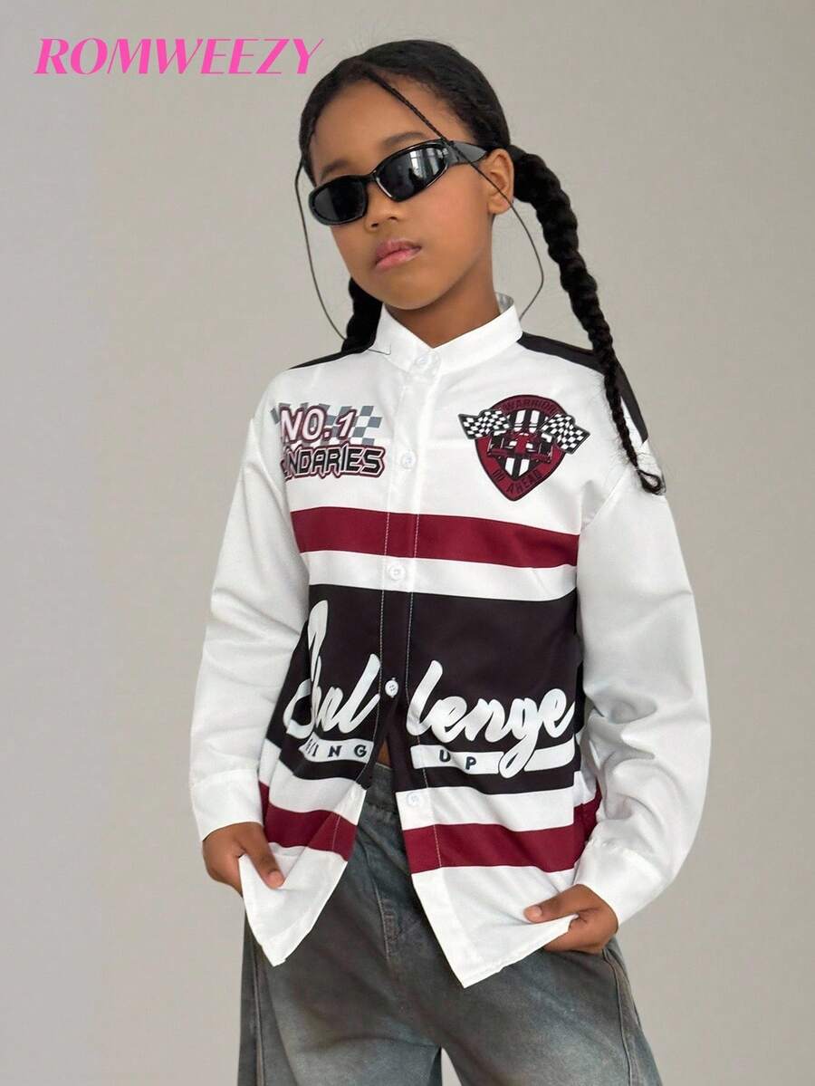 Tween 女童休闲英伦徽章印花立领长袖衬衫，宽松百搭，立领设计凸显颈部线条，正面和背面印花展现个性化街头风格，适合运动和街头服饰 - 白色 - 查看 1