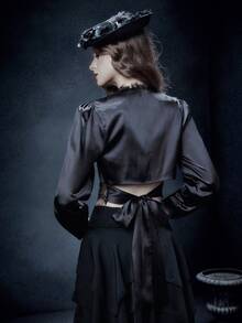 Glisette Women's Black Backless Bowknot Strap Elegant Casual Button Lace Patchwork Sexy Short Black Long Sleeve Satin Blouse - Black - View 1