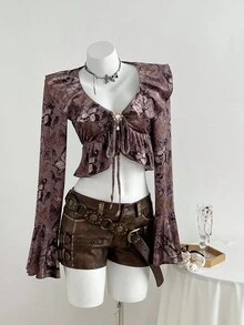 SHEIN Unity Women's Butterfly Print Tie-Front Blouse With Metallic Rhinestone Embellished Flare Sleeves, Luxurious & Elegant - Burgundy - View 1