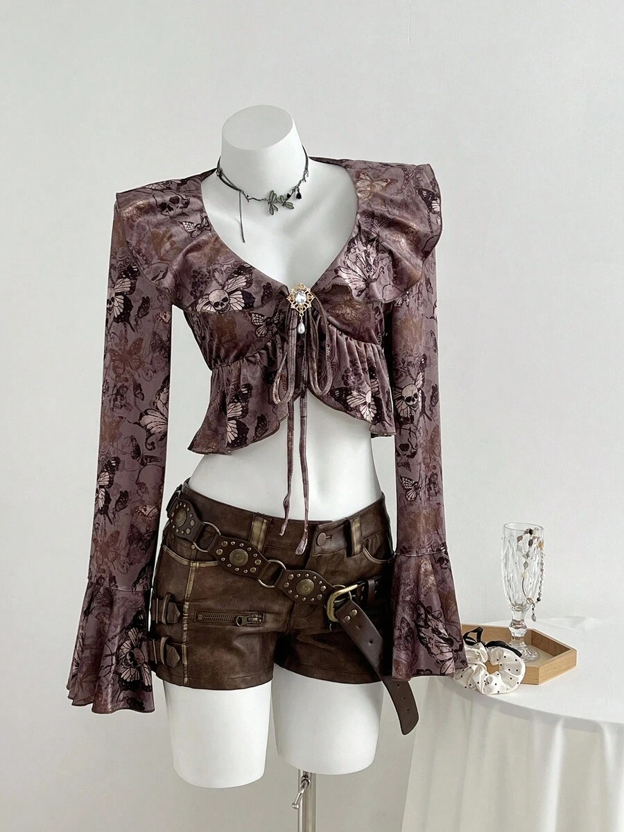 SHEIN Unity Women's Butterfly Print Tie-Front Blouse With Metallic Rhinestone Embellished Flare Sleeves, Luxurious & Elegant - Burgundy - View 1