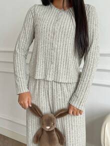 SHEIN 3 件套青少年女孩休闲日常搭配吊带背心、长袖开衫和松紧腰直筒裤针织套装，杏色 - 杏色 - 查看 3