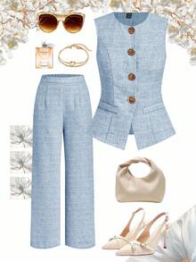 Ellevyn Women's Round Neck Sleeveless Plaid Metal Button Faux Pocket Linen-Like Wide Leg Pants Elegant Suit Set For Daily Wear And Commuting