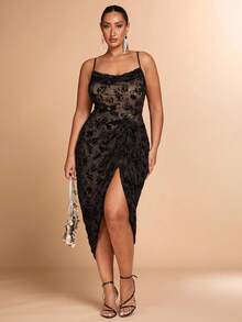 SHEIN BAE 大码女式植绒垂坠领长款吊带裙，适合初秋/秋冬季 - 黑色 - 查看 3