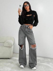 EURMUSE Lässige schwarze weite Jeans mit Destroyed-Effekt