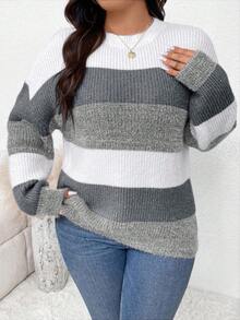 SHEIN Frenchy 大码女式条纹圆领落肩长袖休闲宽松套头衫，秋季 - 藏蓝色 - 查看 6