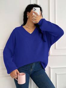 EURMUSE Plus Size Women's Loose Fit Sweater With Raglan Sleeve, Winter - Royal Blue - View 4