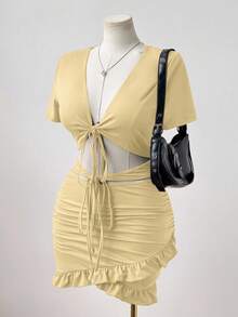 Sunspun Rochie de seară pentru femei, mărime plus, culoare solidă, sexy, cu decolteu în V, cu nod în V, talie încrețită, scobită în gol - Caisă - Vizualizare 3