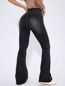 SHEIN EZwear Washed Denim Blue High Waist Flare Leg Jeans - Black - View 2