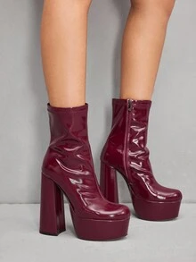 CUCCOO SZL Wine Red Square Toe Chunky Heel Waterproof Platform Elastic Minimalist Formal Side Zipper Ankle Boots & Short Boots For Women For Christmas - Burgundy - View 8