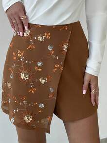 Firerie Falda-pantalón casual y elegante de patchwork marrón con bordados y cuentas, ideal para vacaciones, festivales de música, uso diario y urbano. Cintura baja, corte recto y suelto, adecuada para otoño/invierno, ropa de mujer, vuelta al colegio - Marrón - Ver 4