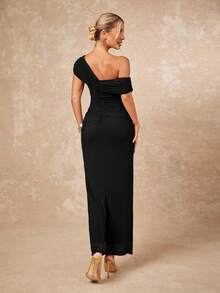 Lumalex 2025新款夏季海滩度假复活节波西米亚风沙滩户外婚礼季派对成人仪式返校派对优雅安哥拉红色网纱单肩褶皱修身长裙女装，优雅女装 - 黑色 - 查看 2