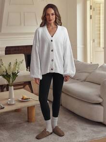 Louniche Cárdigan casual de mujer de cuello en V suelto con forro polar por un solo lado, suave y cómodo, para otoño/invierno - Blanco - Ver 3