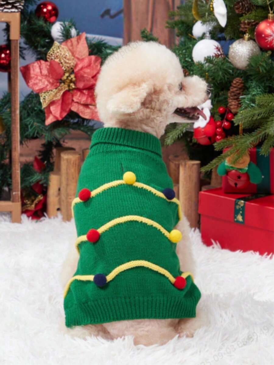 PETSIN 1pc Christmas Pet Cat Dog Universal Green Diamond Grid Elk Snowflake Cute Pattern Jacquard Knitted Elastic Comfortable Dog Christmas Sweater - Multicolor - View 1