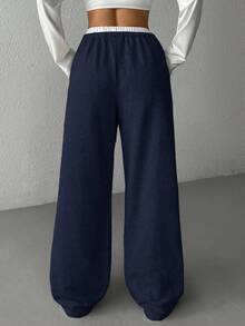 SHEIN EZwear 女款海军蓝拼接腰带休闲阔腿裤 - 藏蓝色 - 查看 2