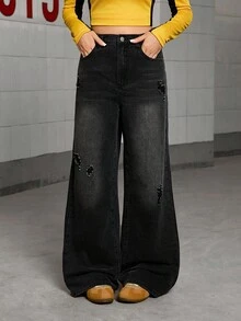 Quần jeans ống đứng rách ống rộng màu đen và xám mới giặt cho bé gái tuổi teen, quần ống rộng thời trang thường ngày, đa năng và ôm sát, thích hợp mặc ngoài trời - màu đen - Xem 4