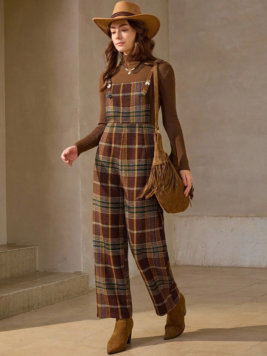 Wildy 波西米亚风休闲美式西部乡村格子背带裤，新款秋冬街头时尚连体裤 - 彩色 - 查看 1