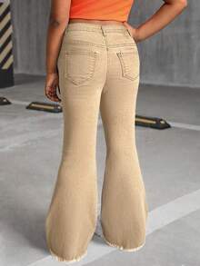 SHEIN Tween Girl Y2K Heart Pattern Distressed Denim Flare Leg Jeans, Fall Back To School - Khaki - View 2