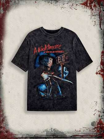A Nightmare on Elm Street X ROMWE Figure Graphic Distressed Finish Round Neck Short Sleeve T-Shirt