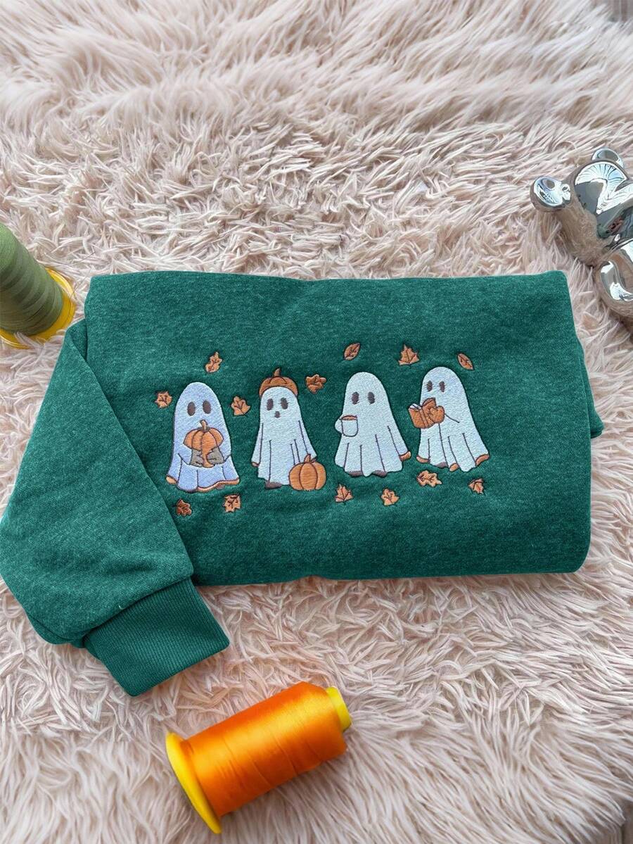 INAWLY Áo nỉ chui đầu cổ tròn tay dài in họa tiết Halloween dành cho nữ - xanh quân đội - Xem 1