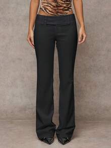 SHEIN BAE Women Solid Color Commuter Casual/Fashionable Outing/Versatile Casual/Old Money Style Pockets Elastic Waist Loose Wide Leg Pants, Suitable For Work, Office, Low-Waisted, Autumn/Winter Business Casual Woman Pants