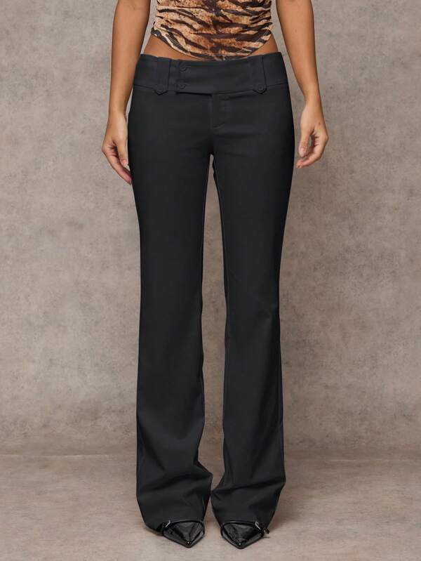 SHEIN BAE Women Solid Color Commuter Casual/Fashionable Outing/Versatile Casual/Old Money Style Pockets Elastic Waist Loose Wide Leg Pants, Suitable For Work, Office, Low-Waisted, Autumn/Winter Business Casual Woman Pants