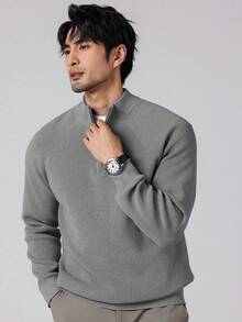 Manfinity Homme Plus Size Men's Solid Color Minimalist Casual Half Zip Long Sleeve Sweater, Fall Winter