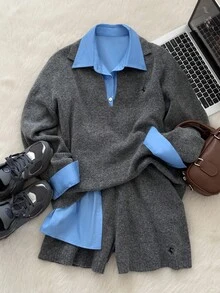 Muvela 女式 Polo 领长袖羊毛衫和短裤两件套，温暖舒适，精致刺绣，复古学院风，休闲日常穿着，返校，下午茶，复古美学，秋季 - 灰色 - 查看 7