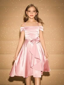 女孩优雅奢华粉色圆领蝴蝶结前中长款派对礼服，适合晚会、婚礼、花童、节日、生日、返校、毕业典礼、圣诞节、万圣节等场合 - 粉色 - 查看 3