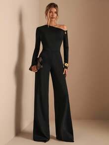 SHEIN BAE 春夏纯黑色优雅日常不对称肩长袖金属扣装饰超宽腿连体裤，适合日常穿着，约会，派对，优雅女士分层，不对称连体裤，宽腿连体裤，情人节连体裤，日常连体裤，优雅连体裤 - 黑色 - 查看 3