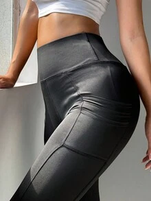 SHEIN Sports Women's Solid Color High Waist Pocket Tummy Control Leggings Yoga Leggings High Waist Yoga Leggings - Black - View 7