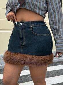 SHEIN ICON Váy mini co giãn Y2K thời trang cỡ lớn dành cho nữ có viền tua rua trang trí - Rửa tối - Xem 5