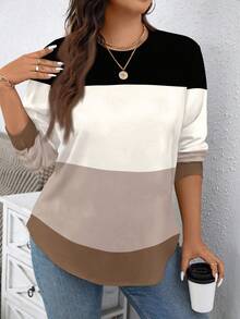 EMERY ROSE Fall/Winter Casual Loose Fit Crew Neck Sweatshirt With Colorblock Striped Print, Suitable For Halloween, Christmas, Thanksgiving - Multicolor - View 3