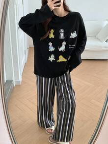 DAZY 狗狗印花宽松 T 恤上衣和条纹睡裤女士睡衣套装，秋季服装 - 黑色 - 查看 1