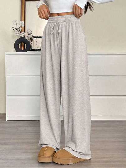 SHEIN EZwear 女式休闲抽绳腰宽松卡其色运动裤，夏季