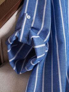 EMERY ROSE 大码女式秋季乡村休闲蓝白条纹长袖衬衫上衣，带口袋，秋冬季，外出穿着，2025新款 - 藍白色 - 查看 4