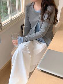 DAZY 女士撞色长袖二合一斜领圆领蝴蝶T恤，秋季服装