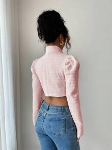 Elenzga Women's Textured Knit Fabric Stand Collar Leg-Flattering Long Sleeve High-End Elegant Thanksgiving Halloween Street Style Outerwear, Lightweight Short Jacket For Autumn/Winter