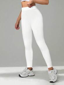 SHEIN Tall Vita stickade skinnybyxor med enfärgad design för vardags- och träningskläder Vita leggings Vita leggings för kvinnor Vita leggings för kvinnor Vita byxor för kvinnor - Vitt - Visa 4