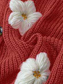 SHEIN LUNE Christmas Plus Size Women Solid Color Knitted V-Neck Daisy Embroidered Single-Breasted Lantern Sleeve Casual Cardigan Sweater, Autumn/Winter - Red - View 5