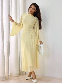 SHEIN PETITE Robe élégante à col asymétrique drapé, ourlet asymétrique, manches évasées, version premium améliorée, couleur jaune bouton d'or - Jaune citron - Voir 6