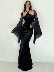 Firerie Elegantes, anspruchsvolles und würdevolles Gothic-Samt-Spitzen-Bodycon-Abendkleid mit hohem Schlitz, Neckholder-Ausschnitt, lange schwarze Kleider, Gothic-Kostüme für Halloween-Partys, elegante Abendkleider für Feiern - Schwarz - Übersicht 8