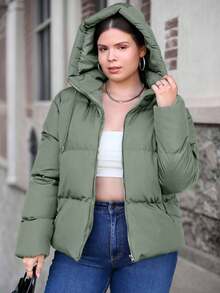 EURMUSE Plus Size Solid Color Minimalist Everyday Zip-Up Hooded Padded Coat - Mint Green - View 6
