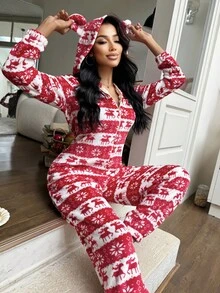 SHEIN 女士法兰绒圣诞鹿印花可爱连帽蓬松连体衣，冬季保暖舒适 - 紅色 - 查看 5