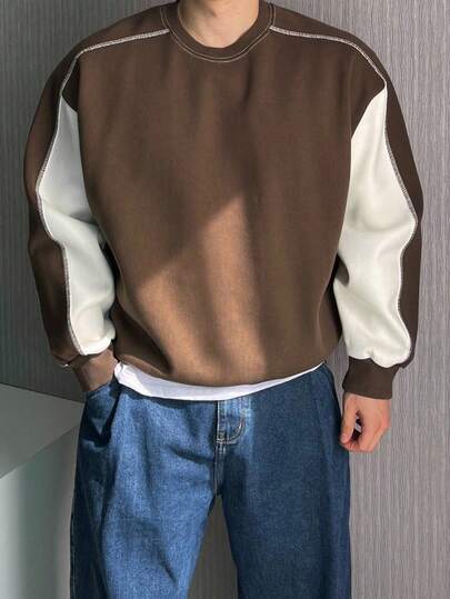 DAZY 男士圆领套头衫，棕色拼布撞色设计，秋冬