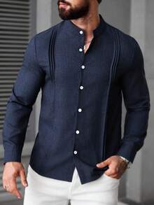 Manfinity CasualCool Men's Casual Stand Collar Long Sleeve Shirt, Suitable For Daily Wear, Navy Blue Business Button-Down Dress Shirt, Old Money, Fall