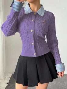 Chiquease Áo khoác len cardigan ngắn 2 trong 1 chắp vá thời trang lấy cảm hứng từ Blogger, phong cách Châu Âu và Mỹ - Màu tím  Violet - Xem 4