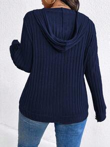 Plus Size Women's Solid Color Hooded Drawstring Drop Shoulder Long Sleeve Casual Ribbed Loose Sweatshirt - Navy Blue - View 2