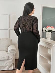 Modelyn Plus Size Women Flocked Mesh Twist Bodycon Dress, Long Sleeve - Black - View 2