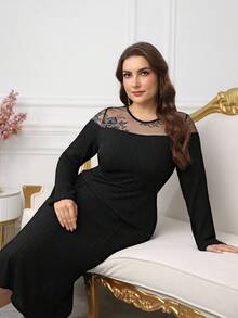 Modelyn Plus Size Long Sleeve Mermaid Fitted Knit Elegant Dress, Autumn/Winter - Black - View 7